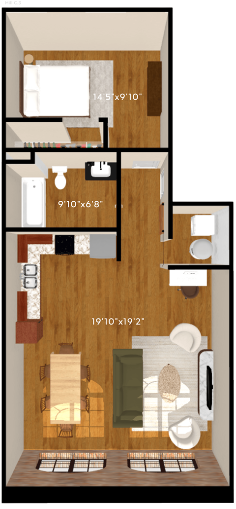 Floor plan for 1 bed, 1 bath, 861 sqft